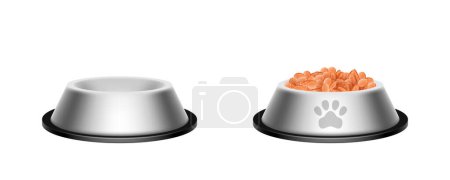 Illustration for Realistic feed bowl, pet food plates 3d mockup front view. Blank full and empty crockery for cats and dogs, zoo shop dishes, items for domestic animal snack isolated. Vector illustration - Royalty Free Image