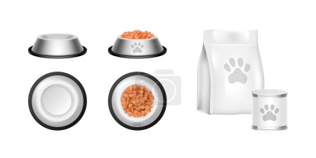 Illustration for Packaging and feed bowl, pet food realistic plates and packing 3d mockup front and top view isolated on white background. Blank bags, tin cans and crockery for cats and dogs paw. Vector illustration - Royalty Free Image