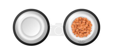 Illustration for Realistic feed bowl, pet food plates with dry snack for cat or dog and paw emblem, 3d mockup. Blank full and empty crockery, zoo shop dishes for domestic animal. Vector illustration - Royalty Free Image
