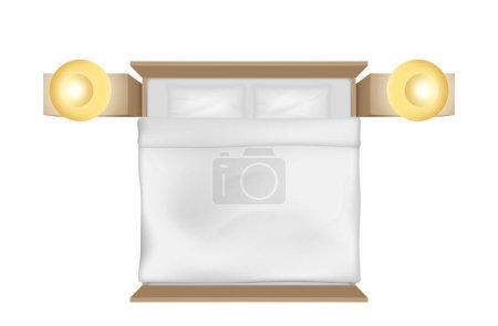 Illustration for King size bed with mattress, white blanket, sheets and pillows, side tables and lamps. Realistic bed for family bedroom isolated on white background. Vector illustration - Royalty Free Image