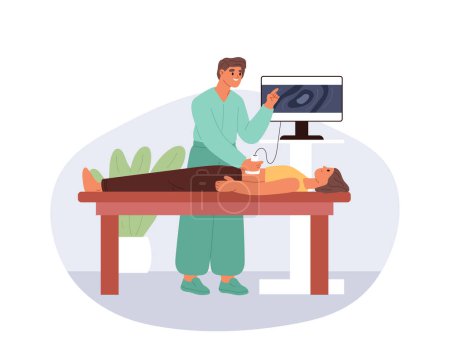 Illustration for Gastroenterologist examining man abdomen. Doctor doing abdominal ultrasound scanning to cure stomach pain illness. Medical check, healthcare concept. Cartoon flat vector illustration - Royalty Free Image