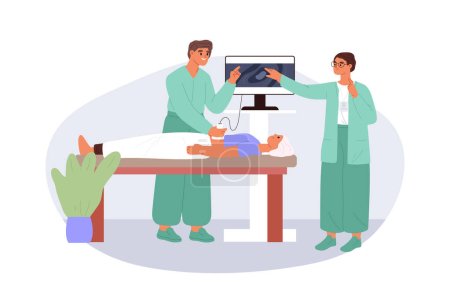 Illustration for Nurse and doctor make ultrasound scan to woman patient. Female came to clinic for examination of abdominal cavity. Examine ill before treatment. Cartoon flat vector illustration - Royalty Free Image