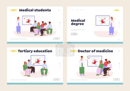 Illustration for Medical students studying concept of landing pages set with doctor professor giving lecture to class. Education in medic university and medicine college. Cartoon flat vector illustration - Royalty Free Image