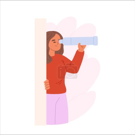 Illustration for Curious young woman spying, observing, sneaking. Girl peeping look through spy glass hiding. Suspicious female peek, look out, search. Cartoon flat vector illustration - Royalty Free Image