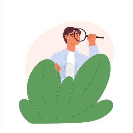 Illustration for Young man spying, observing, sneaking. Guy with magnifying glass peeping, hide behind shrubs, look though with magnifier. Boy peek, look out, search. Flat vector illustration - Royalty Free Image