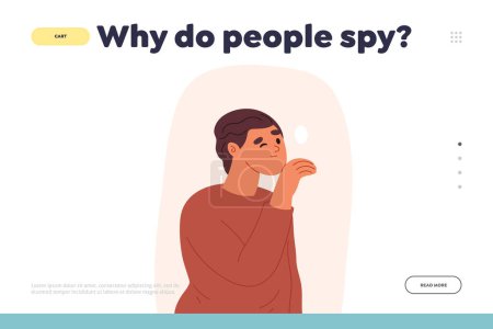 Illustration for Why people spy concept of landing page with young man spying, peeping look through hole in wall observing, sneaking. Suspicious man peek, look out, search. Cartoon flat vector illustration - Royalty Free Image