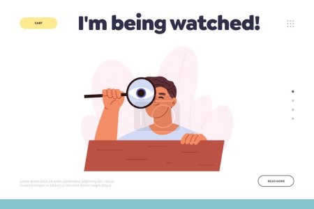 Illustration for Being watched concept of landing page with curious young man spying, observing, sneaking. Boy peeping look through magnifying glass hiding. Suspicious male peek Cartoon flat vector illustration - Royalty Free Image