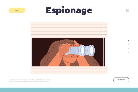 Illustration for Espionage concept of landing page with young woman spying, sneaking. Girl with binocular peeping look through window with spying glass. Female peek, look out, search. Cartoon flat vector illustration - Royalty Free Image