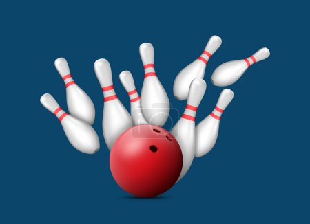 Téléchargez les illustrations : Boule de bowling rouge frappant des skittles, ensemble dynamique réaliste. Épinglettes blanches isolées sur fond bleu. Élément pour les loisirs ou le concept de tournoi de bowling. Illustration vectorielle 3D - en licence libre de droit