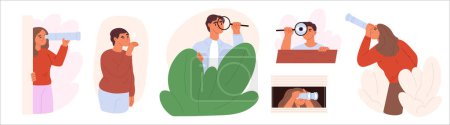 Illustration for People spying, observing, sneaking. Group of characters peeping, hide behind shrubs, window, wall with spying glass, magnifier, binocular. Men, women peek, look out, search. Flat vector illustration - Royalty Free Image