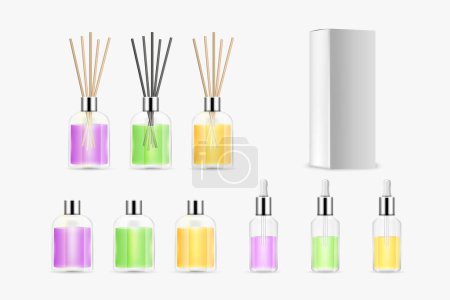 Illustration for Aroma diffusers set with wooden sticks and bottles of oil essentials realistic mockup isolated. Aromatherapy evaporative tools for diffusing. Pleasant fragrance home device. Vector illustration - Royalty Free Image