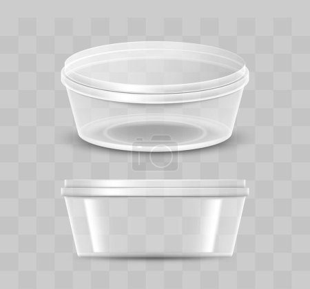 Téléchargez les illustrations : Empty plastic container for sauce with transparent lid isolated. Packaging for food seasoning, dip, yogurt, servings template mockup with cap. Realistic vector illustration - en licence libre de droit