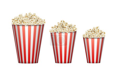 Realistic full large, medium and small popcorn bucket. Red striped pop corn portion cups of different sizes. Movie snack food. Popcorn buckets small big and middle set. Vector illustration
