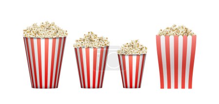 Téléchargez les illustrations : Realistic popcorn buckets. Round cardboard cups and box for cinema snacks, different sizes isolated on white background fast food stripped red containers, 3d corn flakes. Vector illustration - en licence libre de droit
