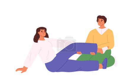 Illustration for Man putting bandage on female foot after injury, strain or broken leg trauma accident. Male splinting leg for transportation procedure at first aid courses training. Cartoon flat vector Illustration - Royalty Free Image