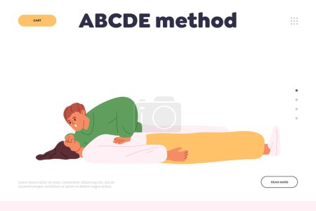 Illustration pour Abcde method concept of landing page with man doing artificial respiration for breathless unconscious woman. Reanimation procedure and first aid courses training. Cartoon flat vector Illustration - image libre de droit