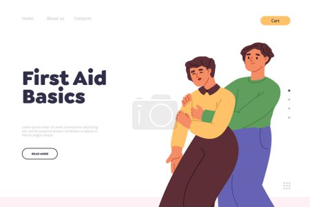 Illustration for First aid basics concept of landing page with woman help to choking man with heimlich maneuver. Girl rescue wheezing male. First aid courses training classes. Cartoon flat vector Illustration - Royalty Free Image