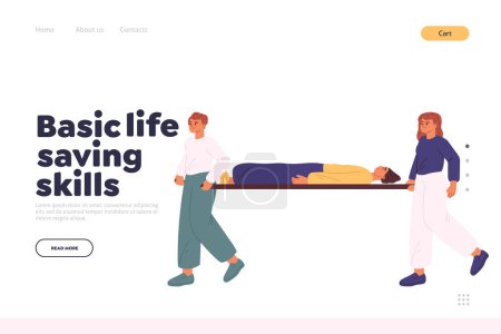Téléchargez les illustrations : Basic life saving skills concept of landing page with man and woman transporting injured unconscious patient on medical stretchers to hospitalization after accident. Cartoon flat vector Illustration - en licence libre de droit