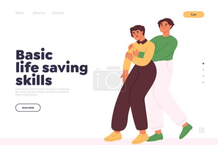 Illustration for Basic life saving skills concept of landing page with woman help to choking man with heimlich maneuver. Girl rescue wheezing male. First aid courses training classes. Cartoon flat vector Illustration - Royalty Free Image