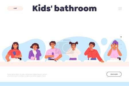 Illustration for Kids bathroom concept of landing page with children doing morning daily routine and hygiene, brush teeth, use dental floss, combing hair and wash face. Cartoon flat vector illustration - Royalty Free Image