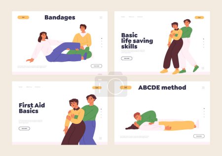 Téléchargez les illustrations : First aid basic skills for saving life concept of landing pages set with people training to put bandage, artificial respiration, helping after choking. Cartoon flat vector illustration - en licence libre de droit