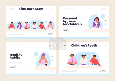 Illustration for Personal hygiene for children concept of landing pages set with kids brushing teeth, washing face and combing hair in bathroom h Cute child doing morning routine. Cartoon flat vector illustration - Royalty Free Image