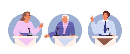 Illustration for Politicians stand on tribunes debating. Candidates at political debates, election campaign. People on podium speak into microphones, cartoon icons isolated set. Vector illustration - Royalty Free Image