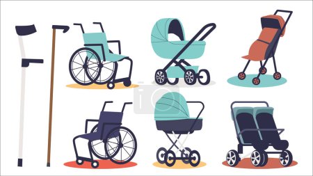 Ilustración de Realistic wheelchairs, crutches, kids strollers and prams set of reduced mobility issues. Medical supplies for injury patients, infant babies transportation. Vector illustration - Imagen libre de derechos