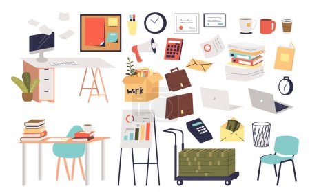 Illustration for Office work elements set. Workplace desk, laptop pc, money, seat, books, paper documents and salary payment cartoon symbols isolated on white background. Business occupation. Vector illustration - Royalty Free Image