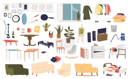 Téléchargez les illustrations : Home interior decor and furniture elements set for bedroom and living room design. Chairs, sofa, tables, clothes, house plants in pots, cooking utensils and bed. Vector illustration - en licence libre de droit
