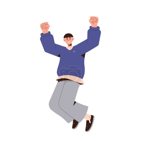 Illustration for Happy male character with positive energy jumping from joy and fun. Young active guy clenching fist feeling excited celebrating success and goal achievement, getting good news vector illustration - Royalty Free Image