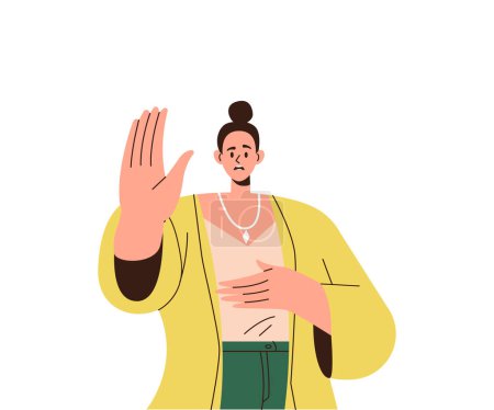 Illustration for Angry shouting woman gesturing stop with hand protesting showing disagree and rejection sign vector illustration isolated on white background. Female person against gender violence and harassment - Royalty Free Image