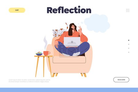 Illustration for Reflection landing page template for online service. Pensive woman character on armchair with laptop thinking engaged in self-knowledge, analysis of own emotions and feelings vector illustration - Royalty Free Image
