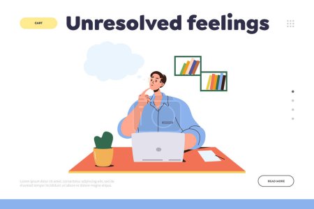Illustration for Unresolved feelings landing page template. Cartoon thoughtful man working on laptop sitting at desk table in home office vector illustration. Stress, burnout, mental frustration and psychology concept - Royalty Free Image