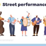 Street performance landing page template. Cartoon musician band playing different music instrument performing show vector illustration. Male female character giving life musical concert website design