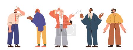 Illustration for Young unhappy diverse people character in failure gesturing loser hand sign standing in row. Upset adult men and women feeling unlucky and depressed isolated on white background. Vector illustration - Royalty Free Image