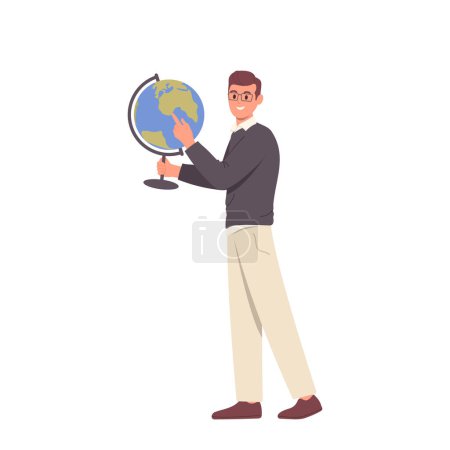 Illustration for Male geography teacher young character holding earth globe and pointing at continent explaining subject standing isolated on white. Comprehensive training with qualified educator vector illustration - Royalty Free Image