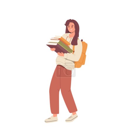 Shocked overloaded nerd female student character holding stack of book and textbooks in bag walking from university library in hands vector illustration isolated on white background. Education concept