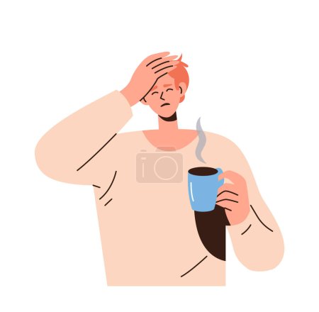 Téléchargez les illustrations : Jeune homme somnolent personnage portant un pyjama boire du café souffrant de maux de tête illustration vectorielle de tension. Malade homme essayant de fixer l'énergie avec une boisson à la caféine chaude. Manque de concept de sommeil - en licence libre de droit