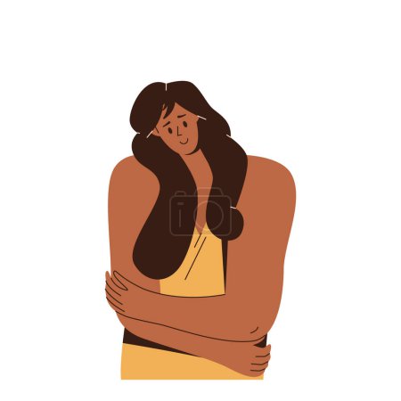 Beautiful young woman, character embracing herself with arms demonstrating love body and take care of self-awareness feeling positive and wellness flat vector illustration isolated on white background