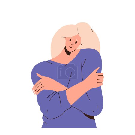 Jolie jeune personnage féminin s'embrassant montrant naturel joyeux entraînement émotionnel amour-propre et l'acceptation de soi avec expression positive scartoon. Illustration vectorielle isolée sur fond blanc