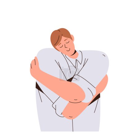 Young man office worker, freelancer or student character with positive expression and emotion hugging himself for giving self help and support. Flat vector illustration isolated on white background