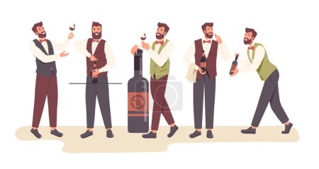 Illustration for Set of male sommelier or steward expert at wine degustation party standing isolated on white background. Restaurant staff serving drinks, critic characters tasting beverage vector illustration - Royalty Free Image