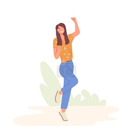 Illustration for Positive overjoyed woman character rejoicing jumping with raised clenching fist over head celebrating success. Cheering happy female character making winner gesture. People feeling and emotion concept - Royalty Free Image