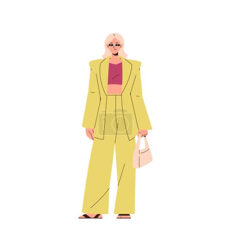 Trendy fashion girl in sunglasses wearing yellow spring casual suit with trousers and jacket posing for camera isolated on white background. Attractive female character model vector illustration