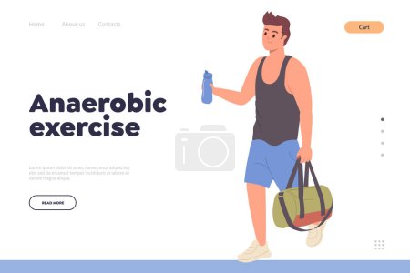 Illustration for Anaerobic exercise landing page design template. Happy man athlete holding bottle of water and handbag going for sport to gym club vector illustration. Active lifestyle and fitness online service - Royalty Free Image