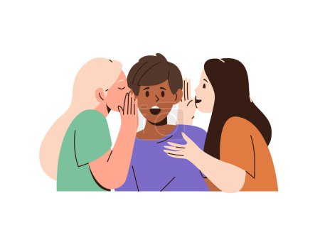 Illustration for Surprised boy character listening his female friends whispering him secrets on ear isolated on white. Cute emotional gossiping children spreading confidential information vector illustration - Royalty Free Image
