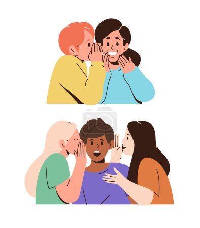 Illustration for Set of children characters whispering secrets each other on ears isolated on white background. Cute excited friends gossiping telling forbidden information vector illustration. Secrecy concept - Royalty Free Image
