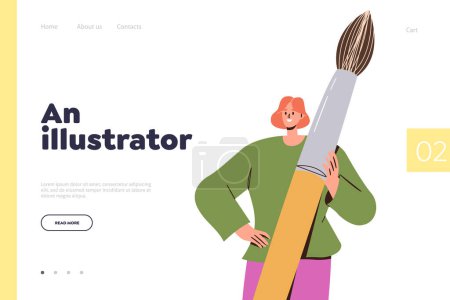 Illustration for Landing service design template for freelance illustrators online free workspace promotion. Flat cartoon happy smiling woman character standing with paintbrush ready for work vector illustration - Royalty Free Image