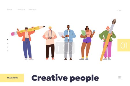 Landing page design template with diverse creative people happy character holding different working accessories. Male and female copywriter, photographer, designer, programmer, analyst freelancing